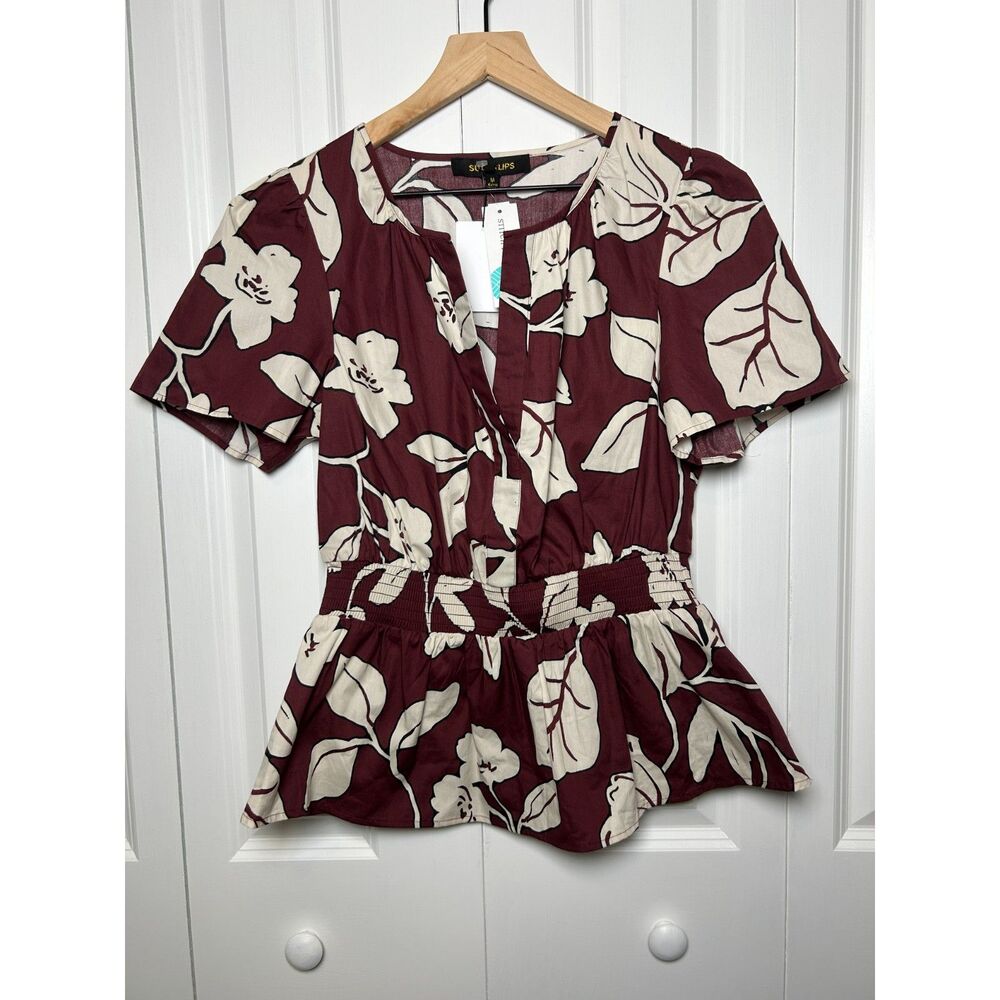 NWT Sugarlips Maroon Floral Smocked Waist Peplum Top Stitch Fix Size M